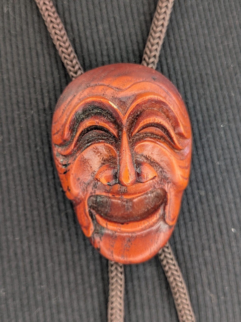 Vintage Hand Carved Wood Korean Hahoe Mask Bolo Tie Woven Cord